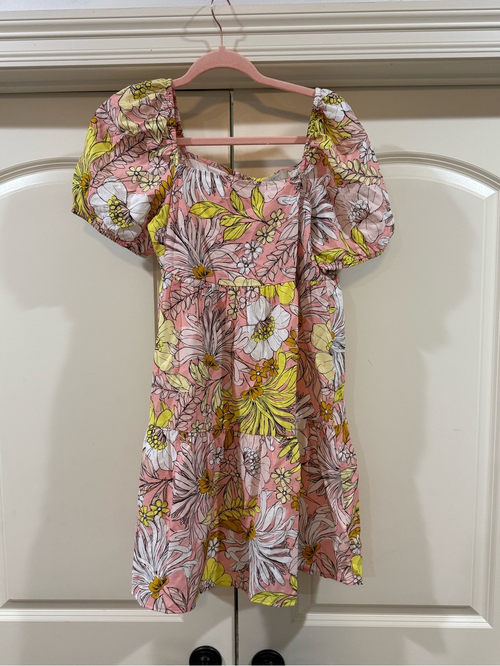 LOFT Pink Floral Puff-Sleeve Tiered Dress with Yellow Accents